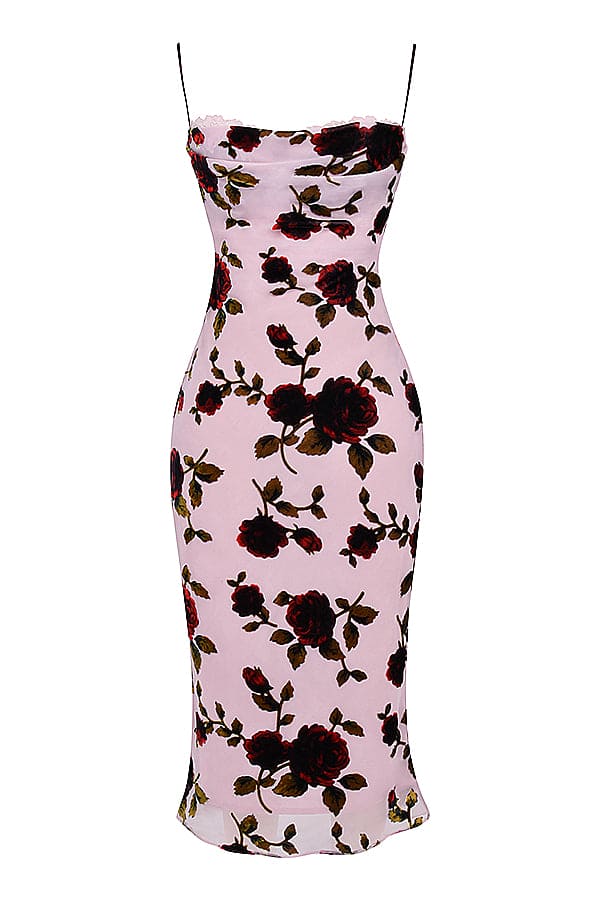 HOUSE OF CB Azura Pink Devore Midi Dress - Size S