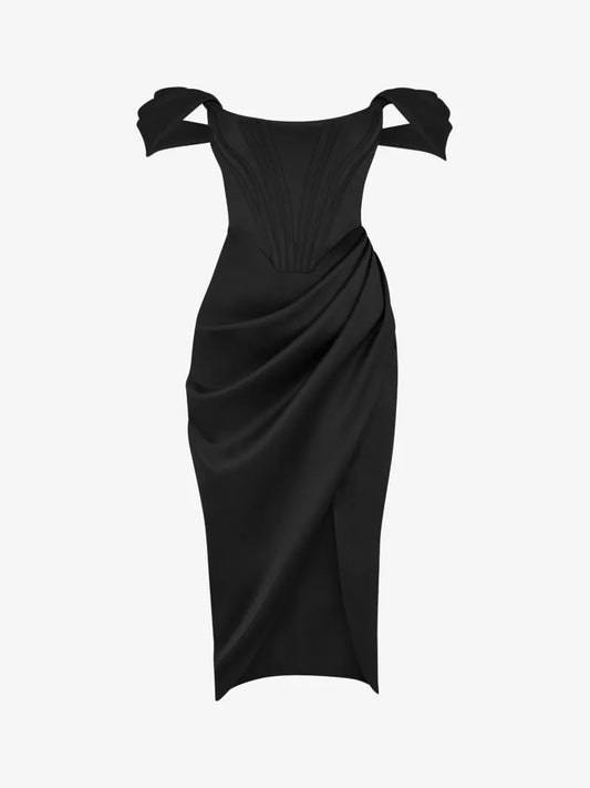 HOUSE OF CB Loretta Satin Off Shoulder Dress - Black - Size S