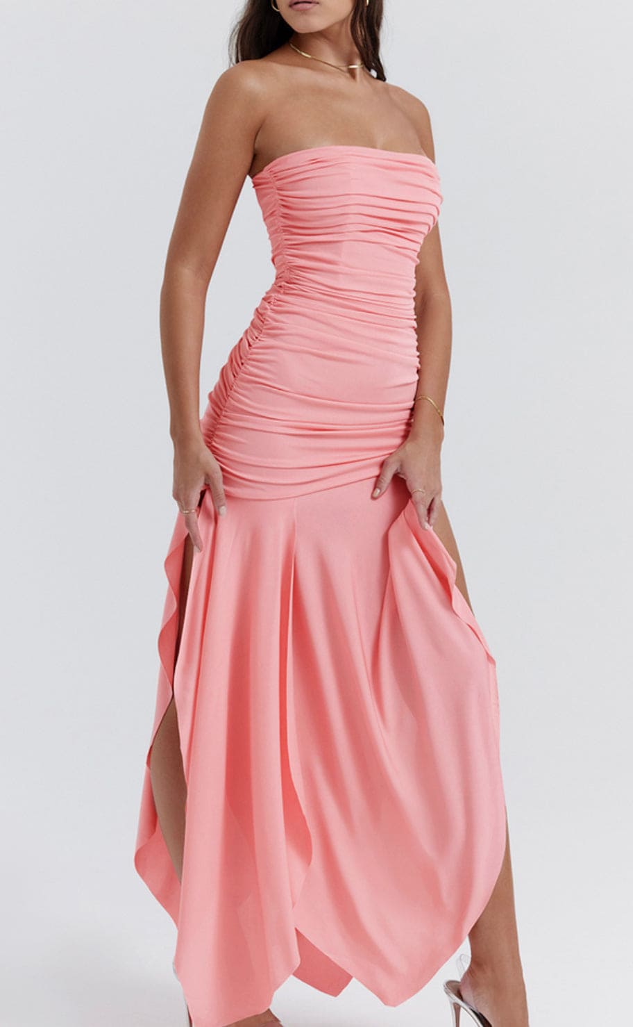 HOUSE OF CB Ivana Apricot Gathered Asymmetric Dress - Size S