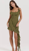 HOUSE OF CB Marcia Olive Ruffle Mini Dress - Sizes XS, S, M