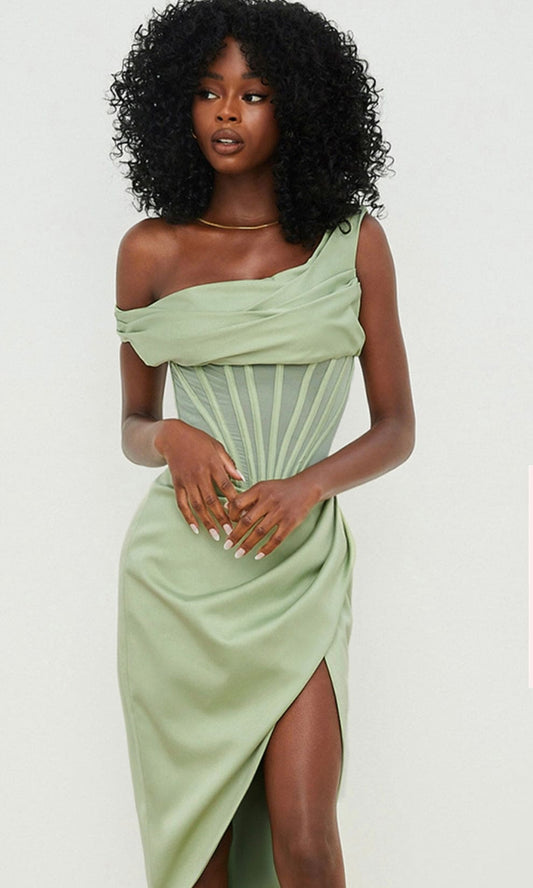 HOUSE OF CB Lulu Pistachio Asymmetric Drape Midi Corset Dress - Size S