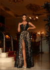 TINA HOLLY  TK314L in Black and Nude Sequin Feather Ball Gown