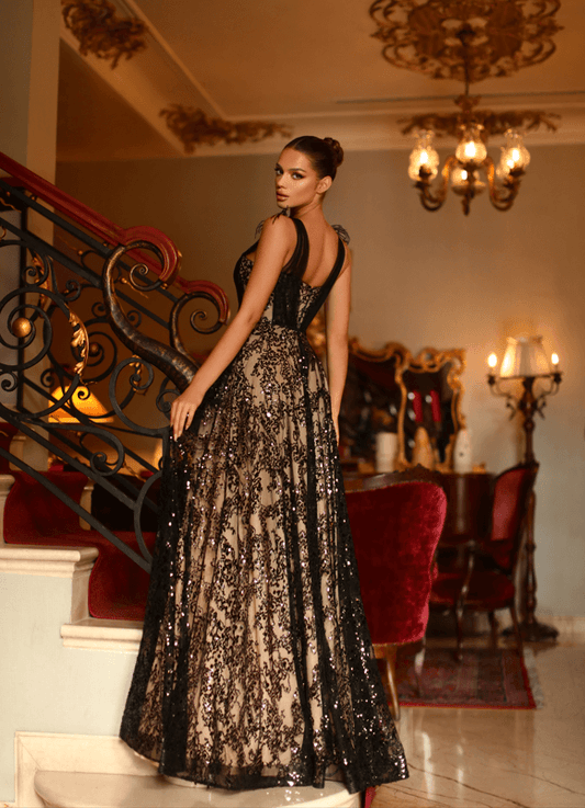 TINA HOLLY  TK314L in Black and Nude Sequin Feather Ball Gown