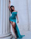 TINA HOLLY Teal Silk Satin Asymmetrical Neck Line