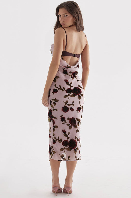 HOUSE OF CB Azura Pink Devore Midi Dress - Size S