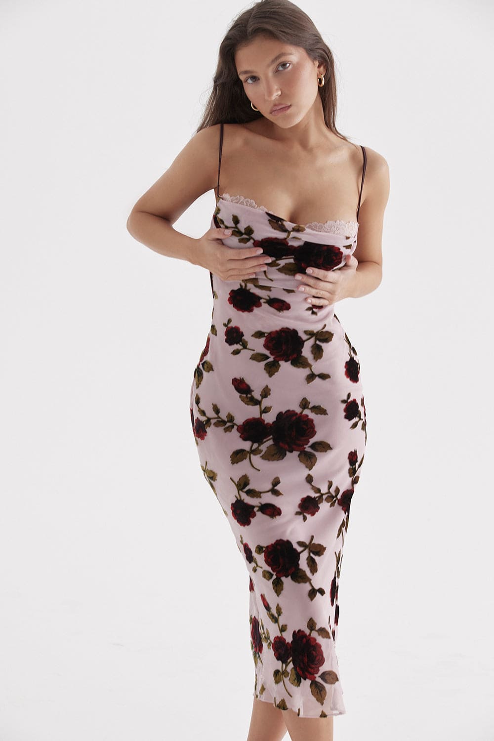 HOUSE OF CB Azura Pink Devore Midi Dress - Size S