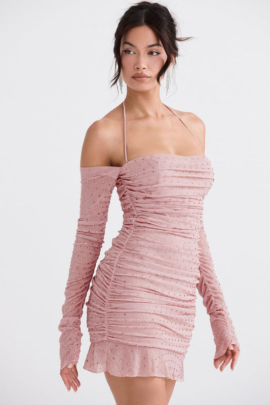 HOUSE OF CB Estella Soft Pink Crystallised Dress - Size XS