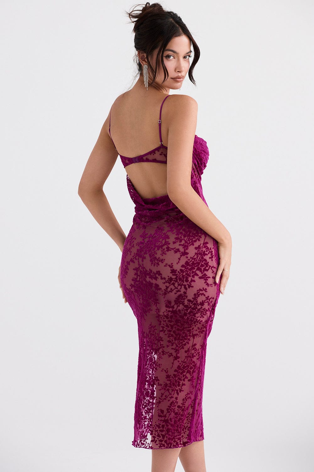 HOUSE OF CB Ione Cranberry Devore Midi Dress - Size S