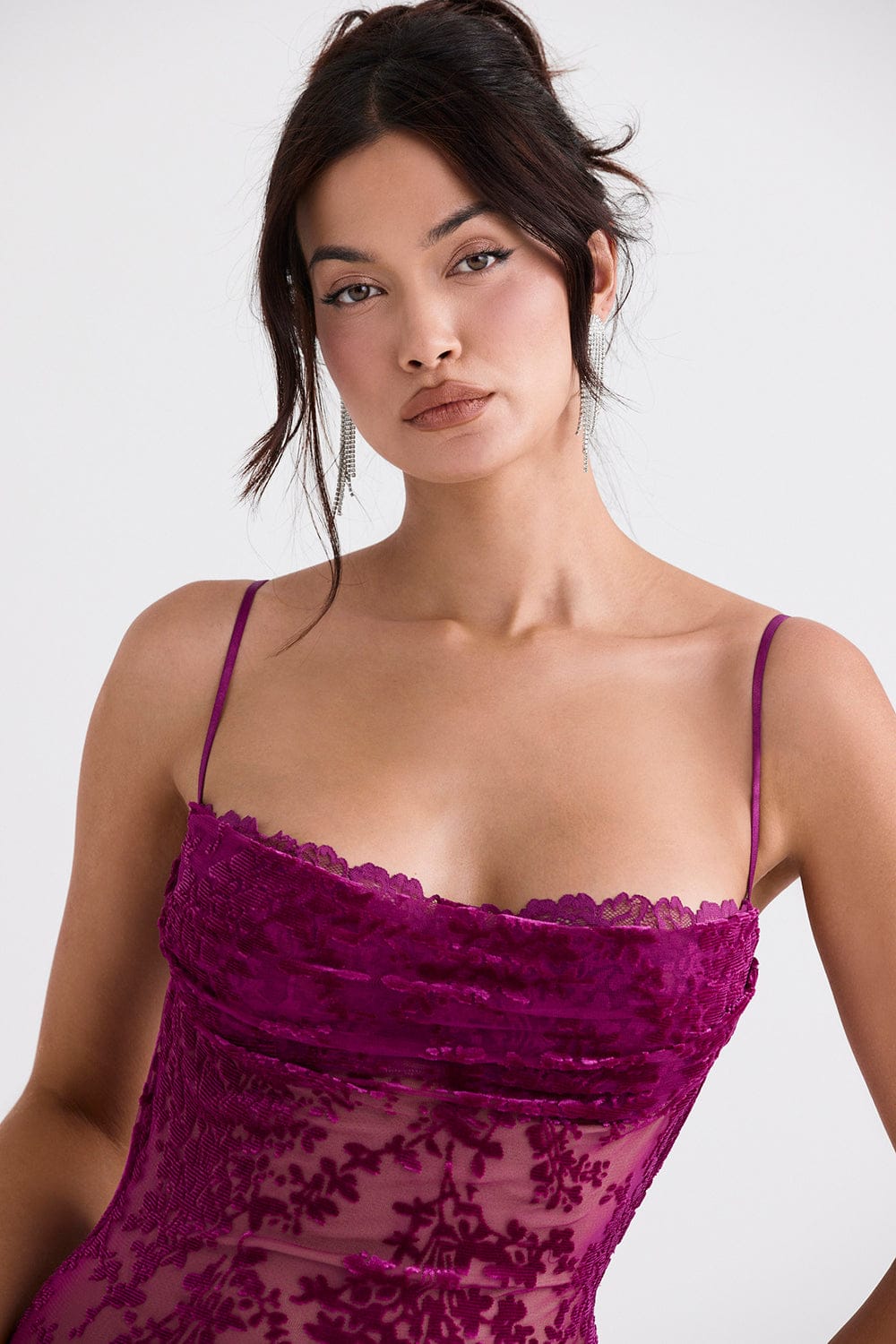 HOUSE OF CB Ione Cranberry Devore Midi Dress - Size S