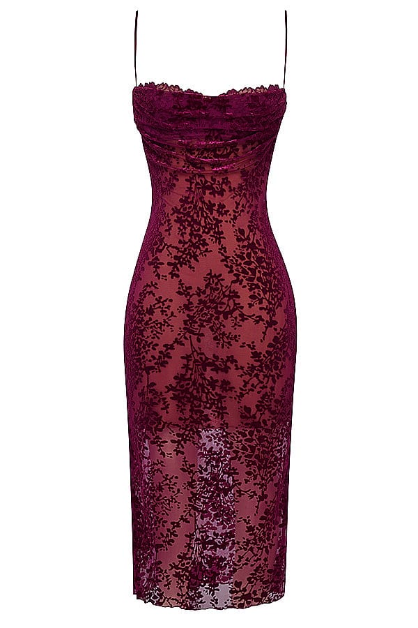 HOUSE OF CB Ione Cranberry Devore Midi Dress - Size S