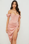 HOUSE OF CB Loretta Satin Off Shoulder Dress - Blush Size XS