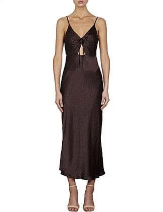 SHONA JOY Ruched Bias Slip Midi In Espresso