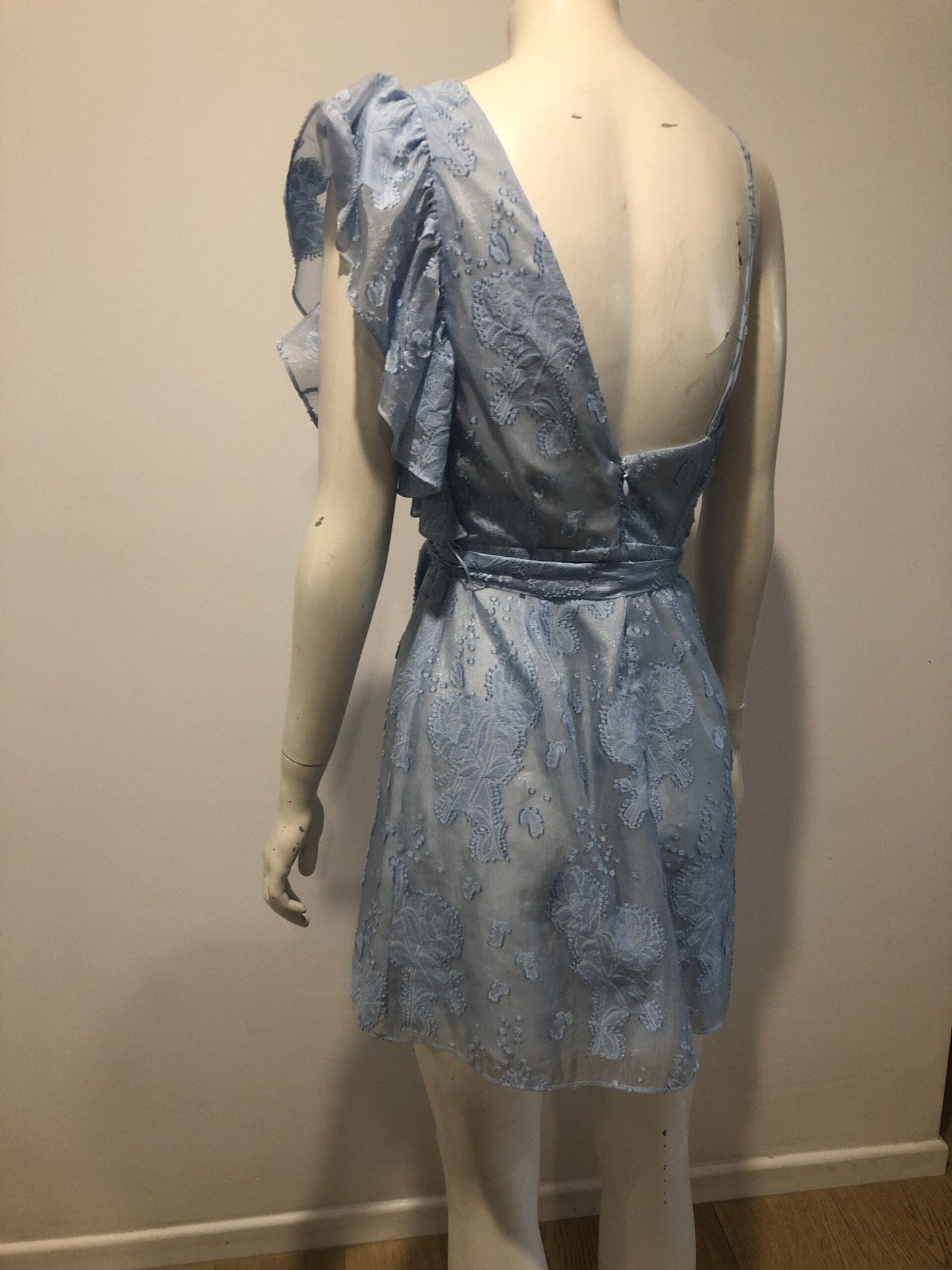 TALULAH Embroidered One Shoulder Mini Dress In Pale Blue size S