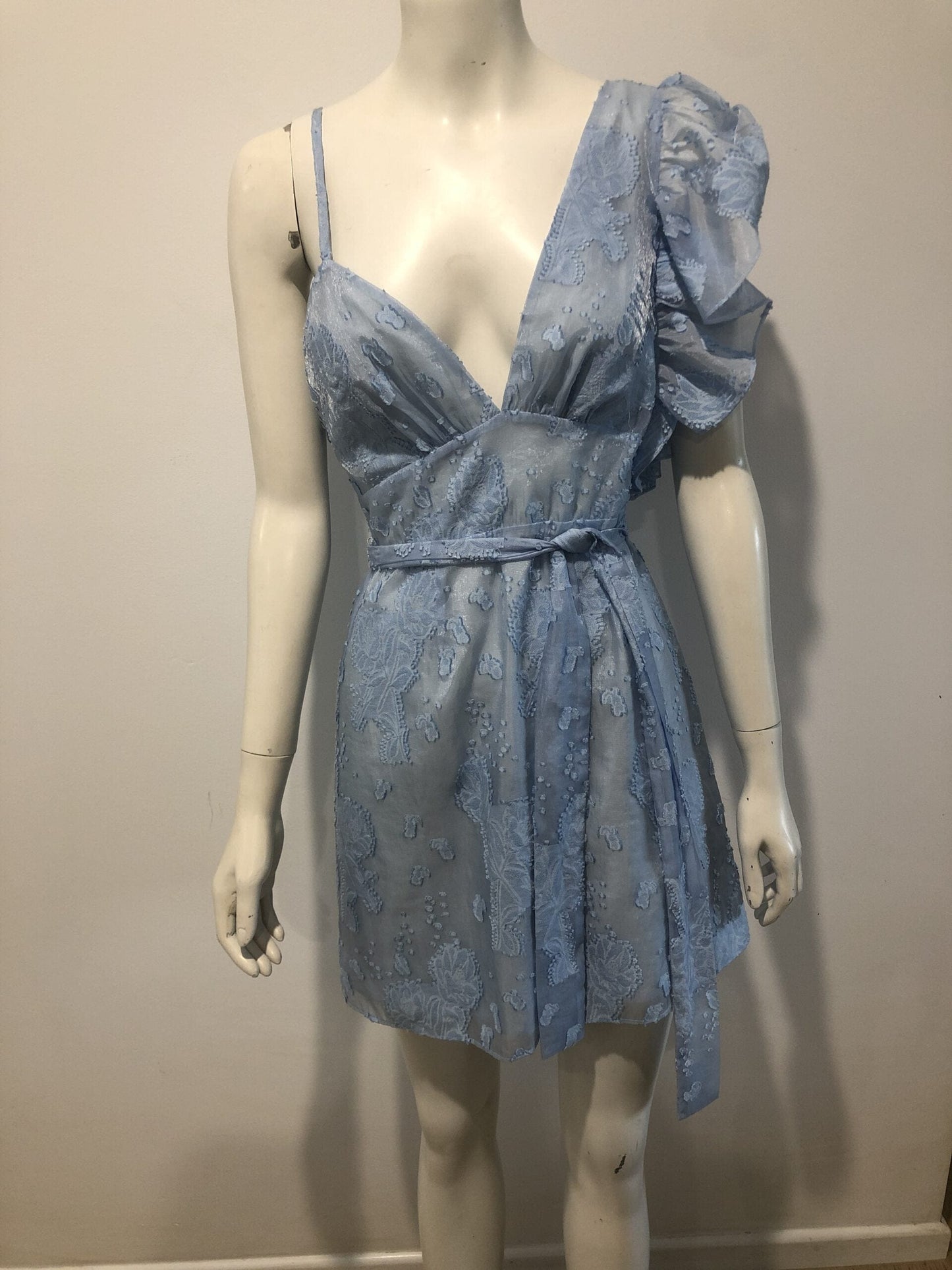 TALULAH Embroidered One Shoulder Mini Dress In Pale Blue size S