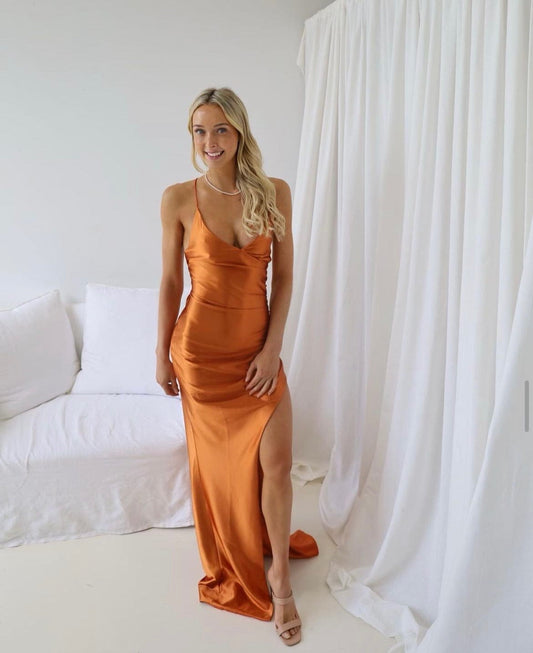 ALAMOUR THE LABEL Evey Rust Satin Dress Size S
