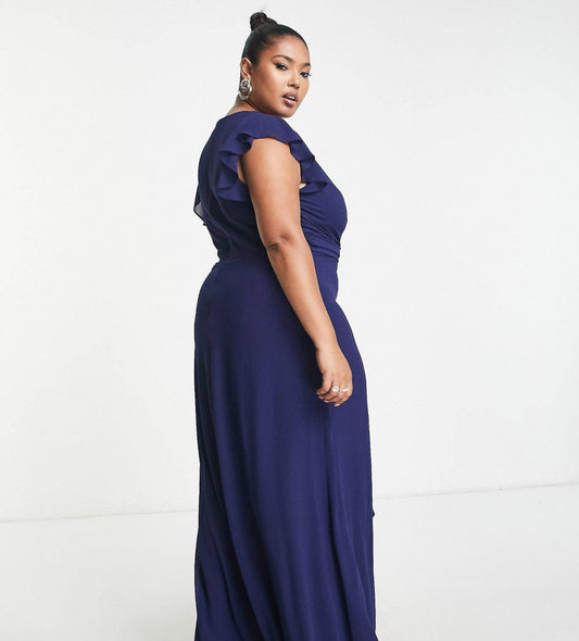 TFNC Plus Bridesmaid Flutter Sleeve Ruffle Detail Maxi Dress Navy/Emerald/Red