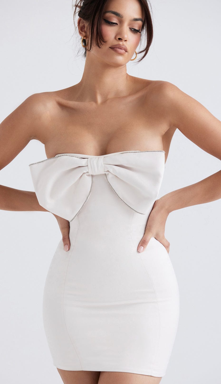 HOUSE OF CB Ariella Ivory Satin Crystal Embellished Bow Mini Dress - Size S
