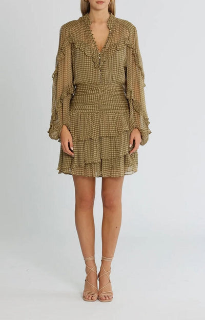 SHONA JOY Ruched Eleonora Frilled Mini Dress SIZE 8/Olive Sand