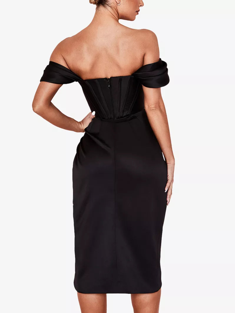 HOUSE OF CB Loretta Satin Off Shoulder Dress - Black - Size S