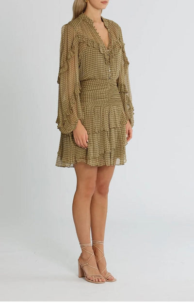 SHONA JOY Ruched Eleonora Frilled Mini Dress SIZE 8/Olive Sand