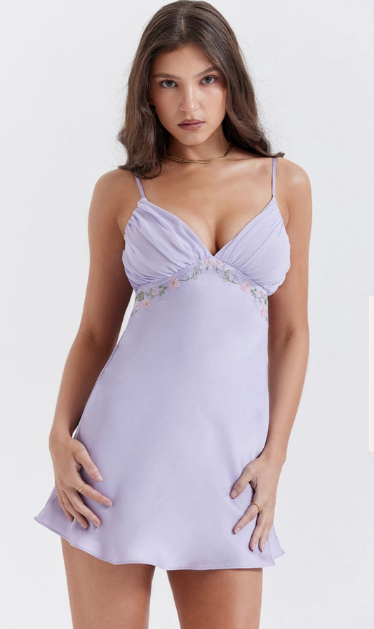 HOUSE OF CB Christa Embroidered Lavender Mini Dress - Size S plus cup