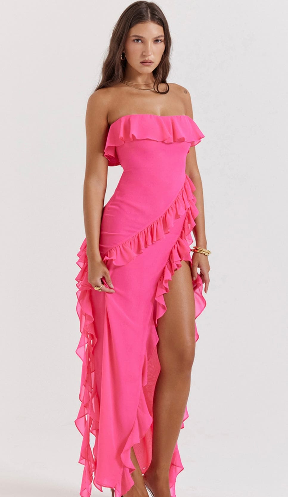 Sarina Hot Pink Ruffle Maxi Dress HOUSE OF CB