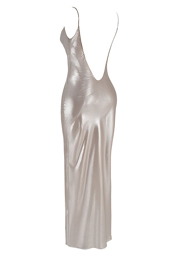 HOUSE OF CB Leia Champagne Shimmer, Low Back Maxi Dress - Size S