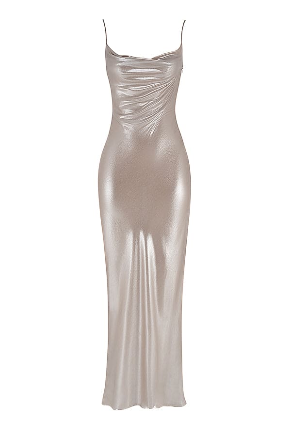 HOUSE OF CB Leia Champagne Shimmer, Low Back Maxi Dress - Size S