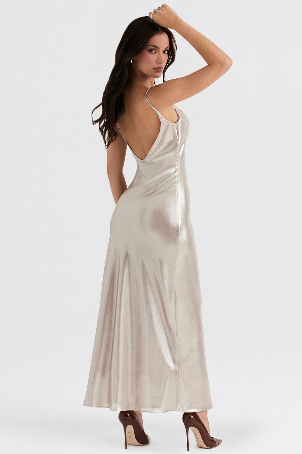 HOUSE OF CB Leia Champagne Shimmer, Low Back Maxi Dress FOR HIRE (Size 8) –  One Night Stand Designer Dress Hire