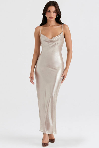 Leia Champagne Shimmer, Low Back Maxi Dress