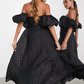 Puff Off Shoulder Midi Dress in Black