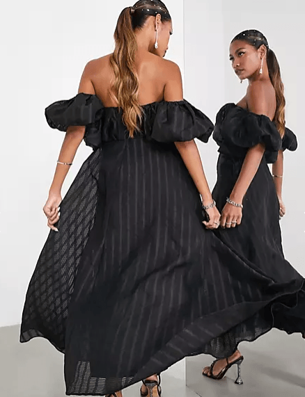 Puff Off Shoulder Midi Dress in Black