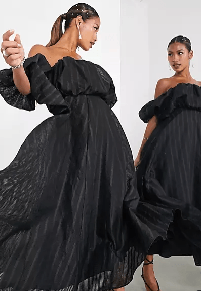 Puff Off Shoulder Midi Dress in Black