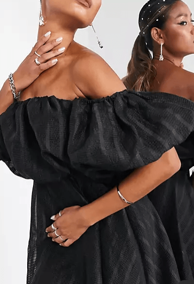 Puff Off Shoulder Midi Dress in Black