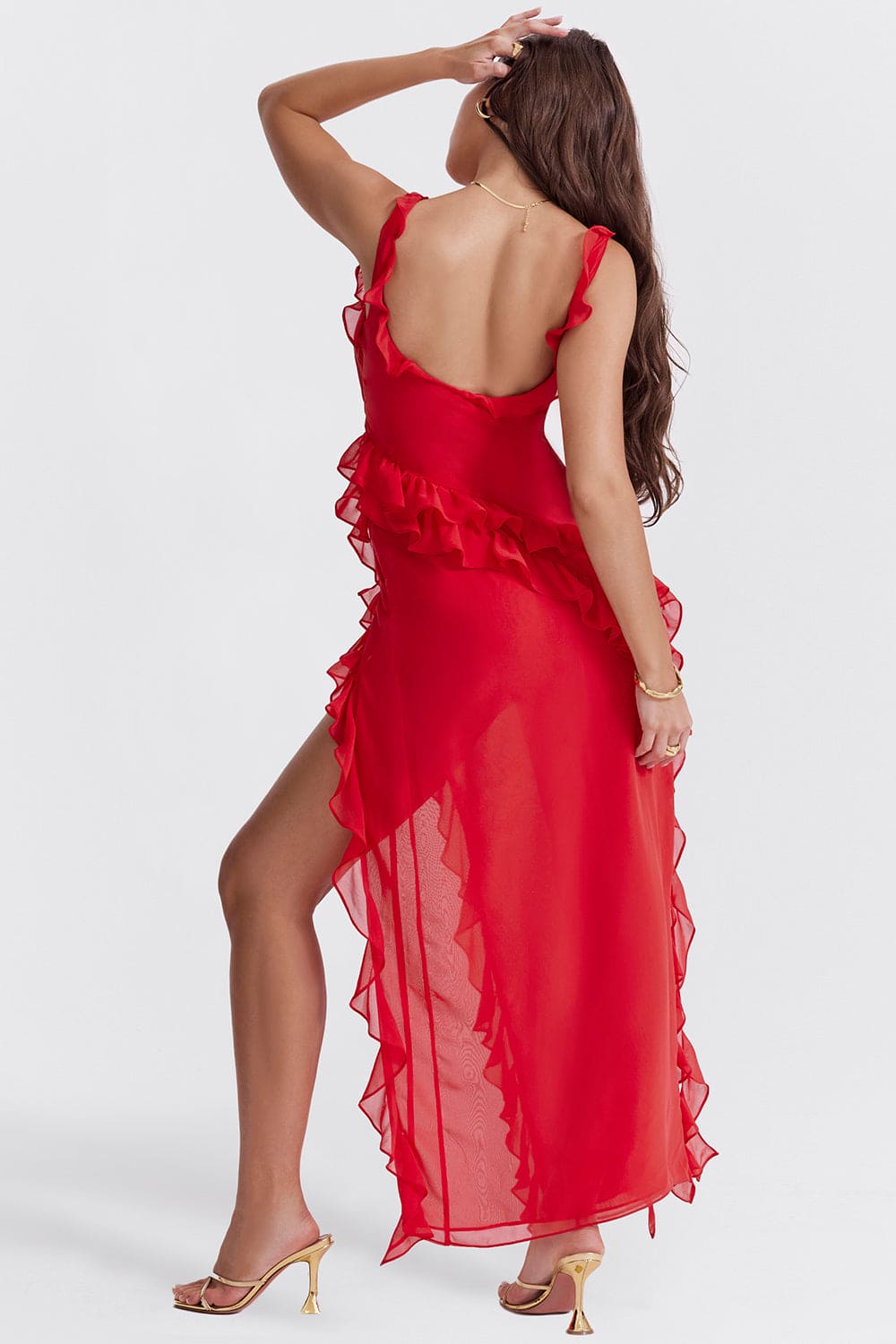 HOUSE OF CB Ariela Cherry Ruffle Maxi Dress - Size XS