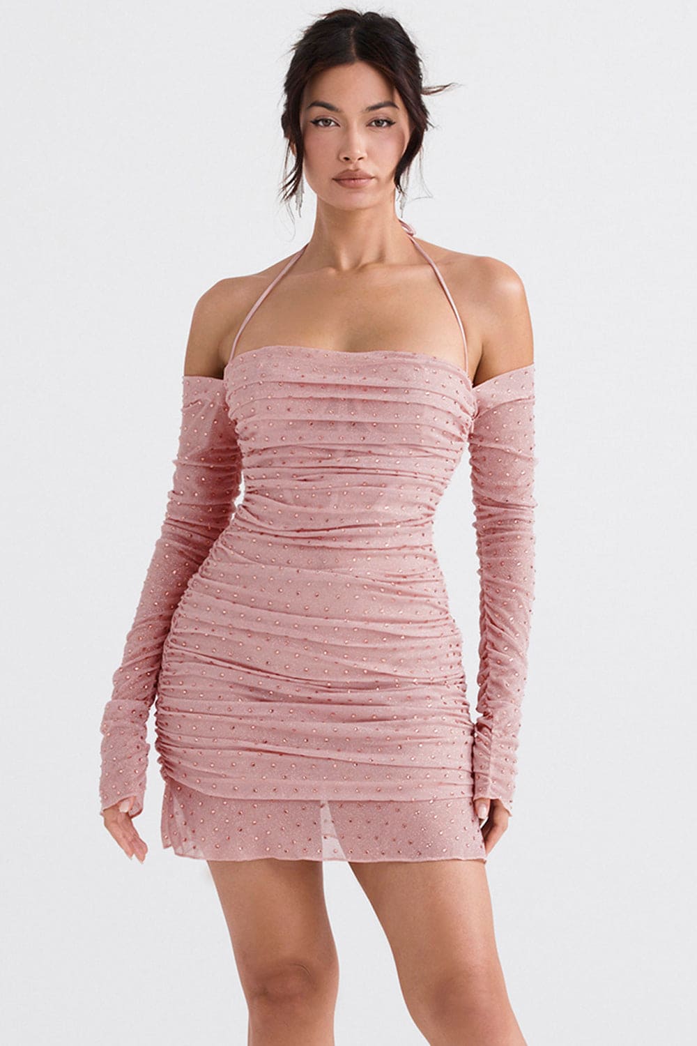 HOUSE OF CB Estella Soft Pink Crystallised Dress - Size XS