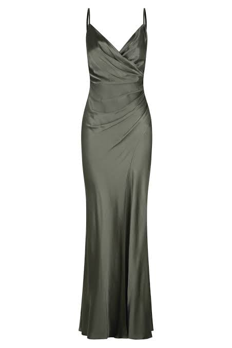SHONA JOY La Lune Cross Draped Maxi Dress in olive  One Night Stand  Designer Dress Hire