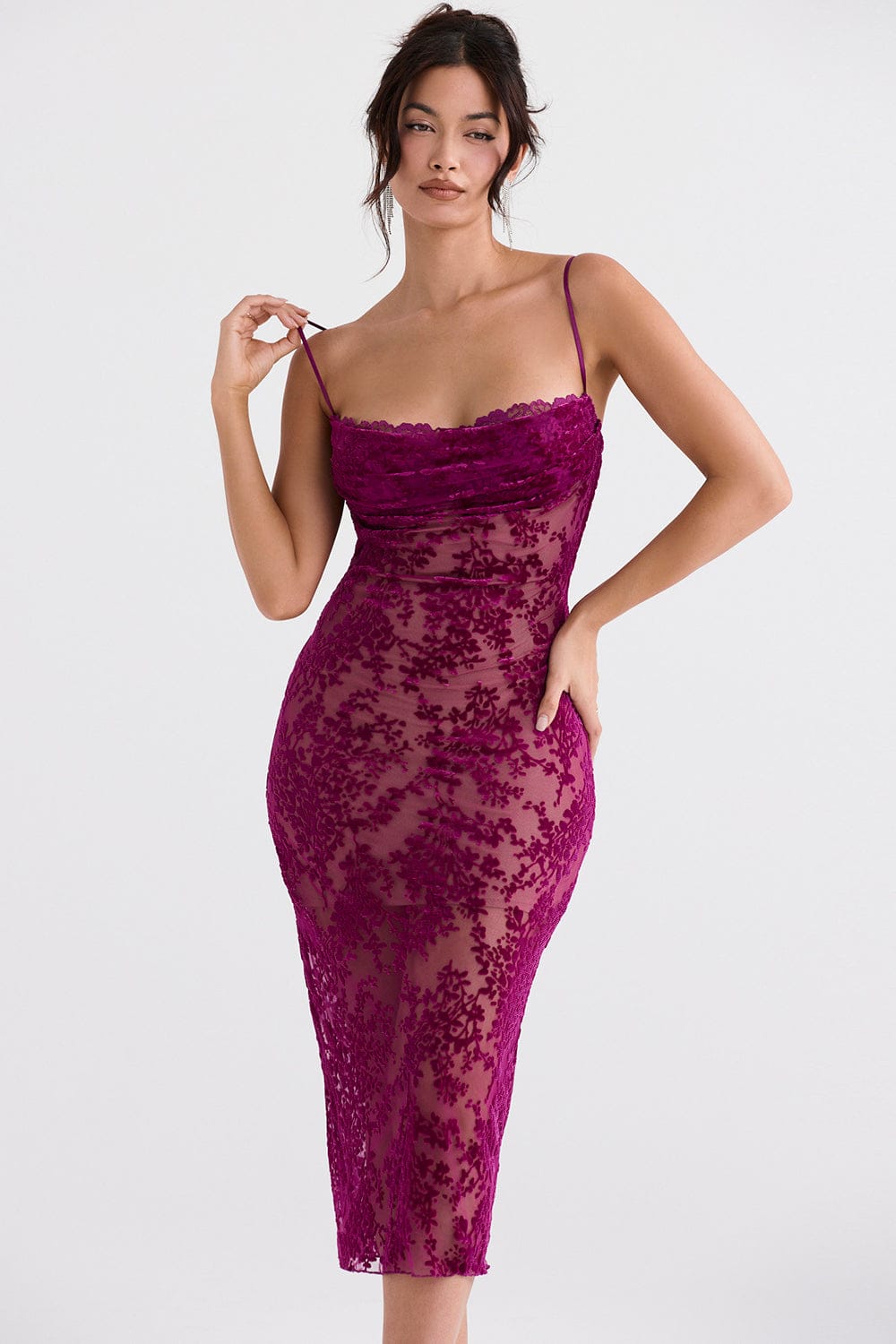 HOUSE OF CB Ione Cranberry Devore Midi Dress - Size S