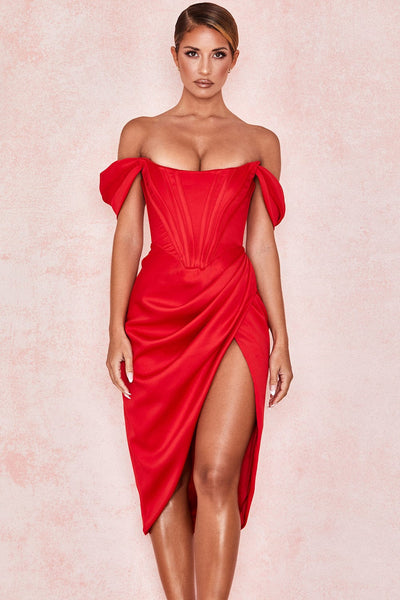 Loretta Red Satin Off Shoulder Midi Dress