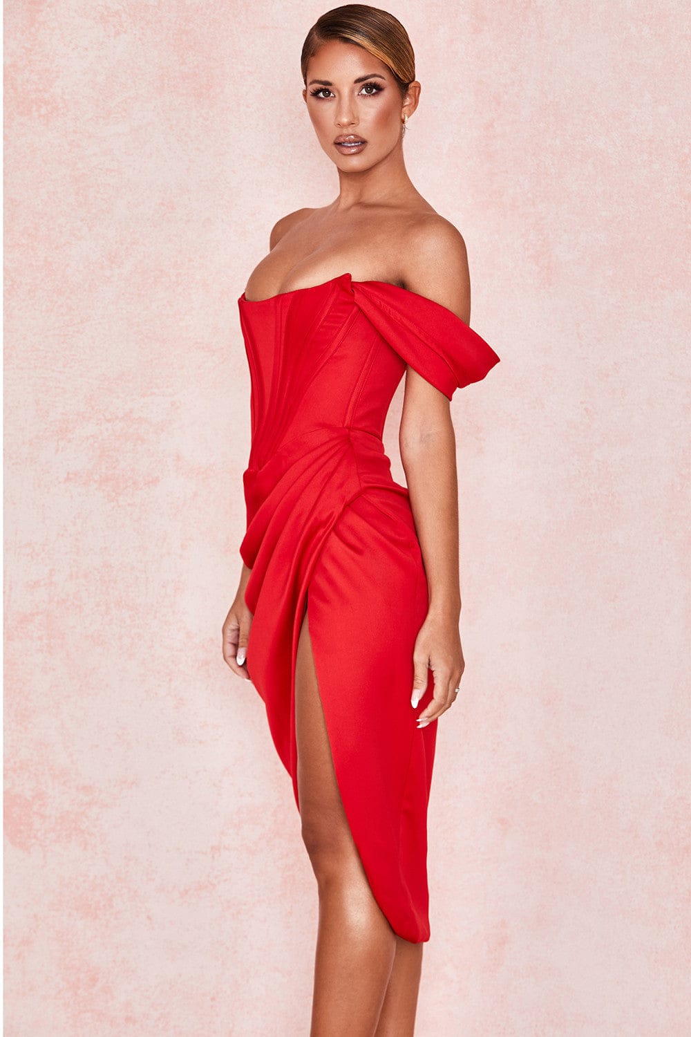 HOUSE OF CB Loretta Red Satin Off Shoulder Midi Dress - Red
