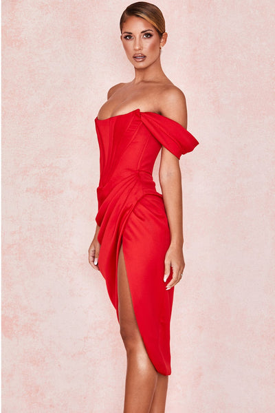 Loretta Red Satin Off Shoulder Midi Dress - Red