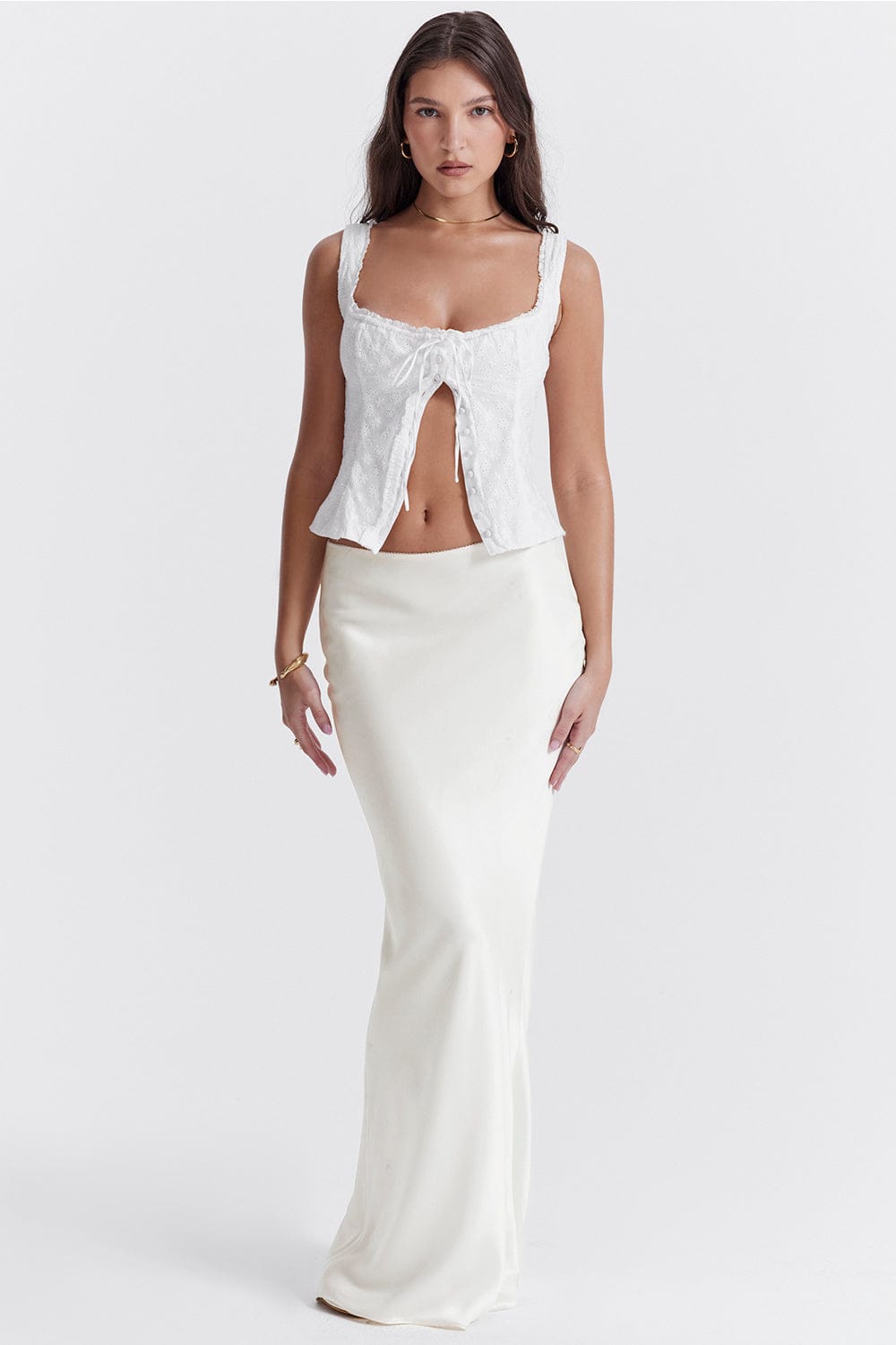 HOUSE OF CB Sydel White Satin Bias Cut Maxi Skirt - Size XS