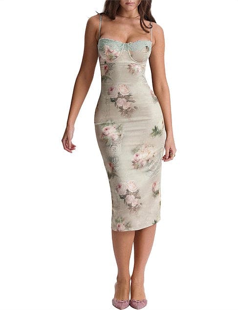 HOUSE OF CB Venus Vintage Floral Midi Dress - Size XS