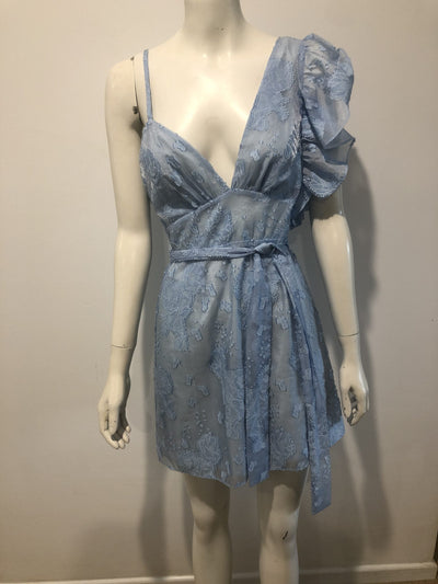 Embroidered One Shoulder Mini Dress In Pale Blue