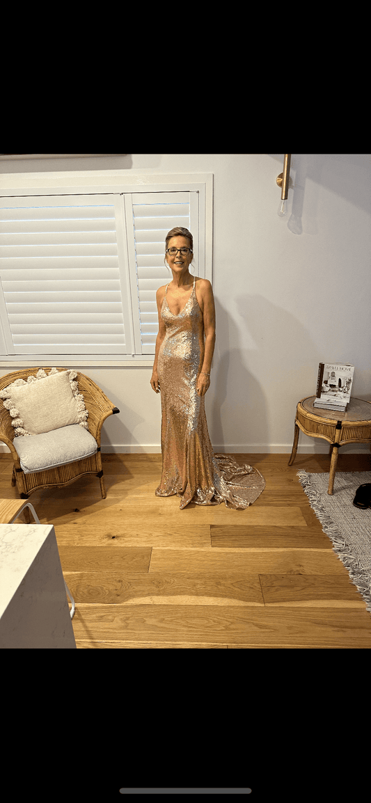 ALAMOUR THE LABEL Rose Gold Long Sequin Gown
