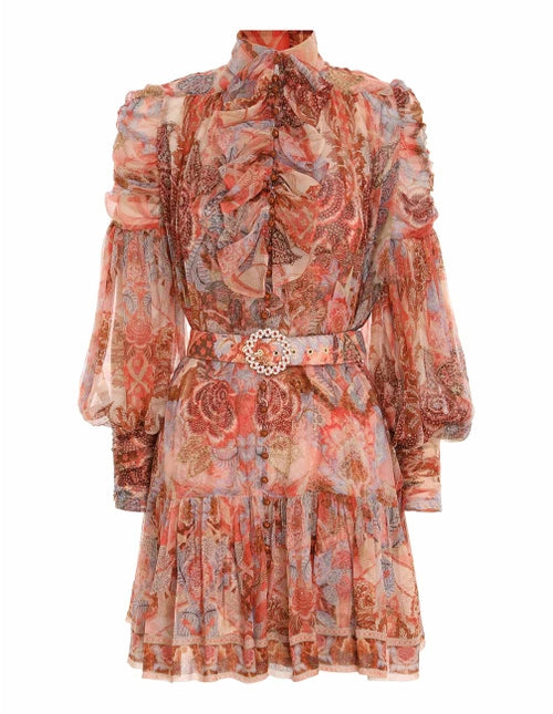 silk mini dress featuring ruched shoulders