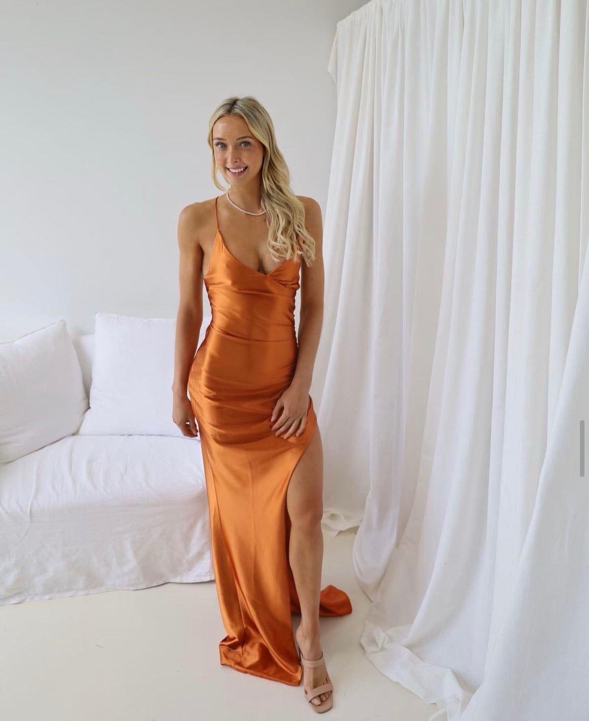 ALAMOUR THE LABEL Evey Rust Satin Dress Size S