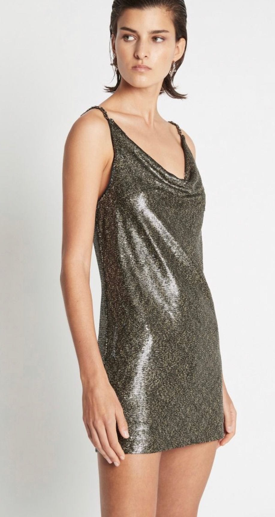 metallic bronze mini dress