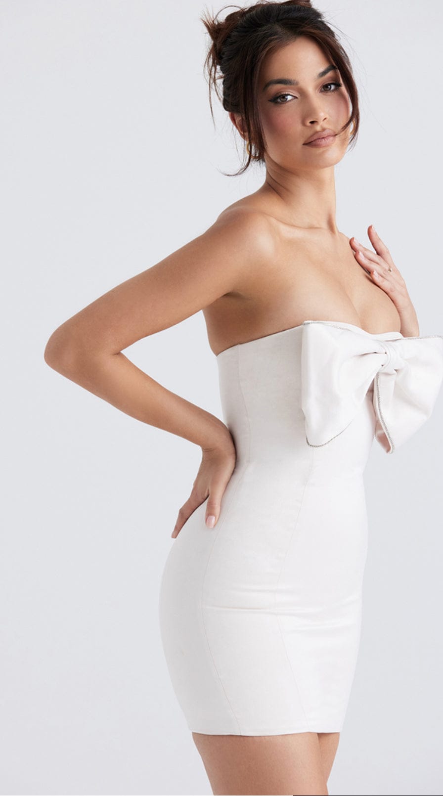 HOUSE OF CB Ariella Ivory Satin Crystal Embellished Bow Mini Dress - Size S